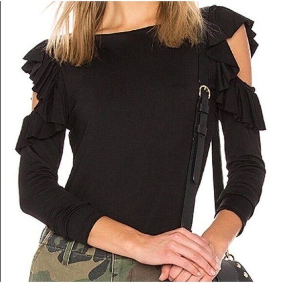 Max Studio Black Ruffled Pullover Sweater Cold Shoulder Long Sleeve Top - Picture 1 of 11